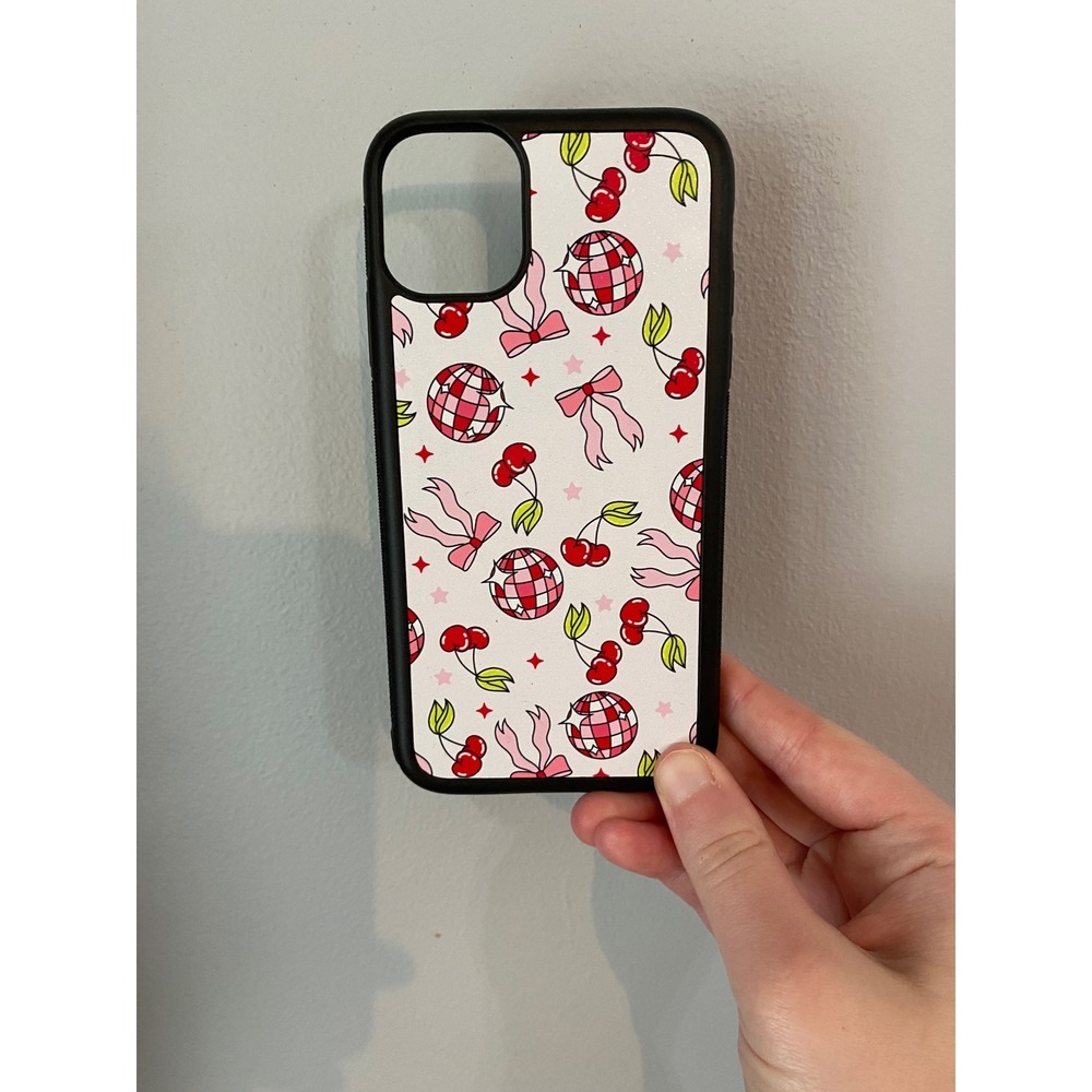 Phone Case iPhone 11 White Pink Red Disco Ball Cherry Bow Aesthetic